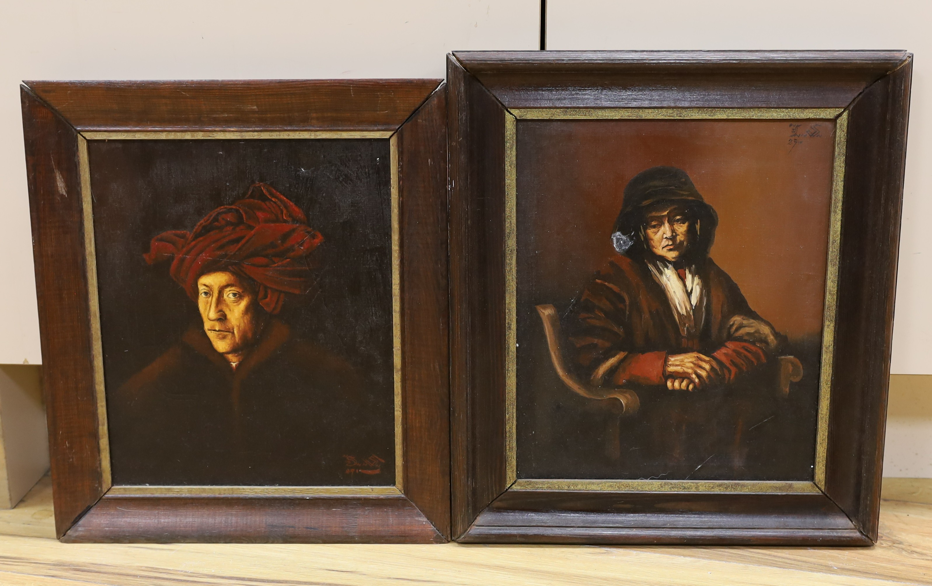 Continental School c1910, pair of oils on canvas, Portrait of a turbanned man and of a seated woman, after Rembrandt, signed and dated, 33 x 27cm
